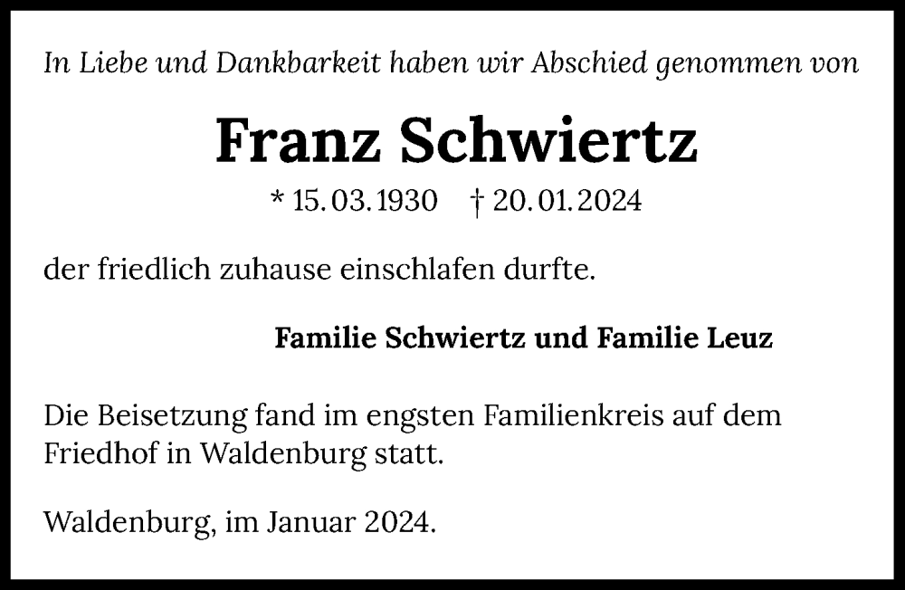  Traueranzeige für Franz Schwiertz vom 30.01.2024 aus GESAMT