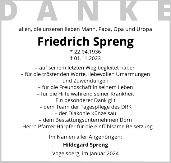 Traueranzeige von Friedrich Spreng von GESAMT