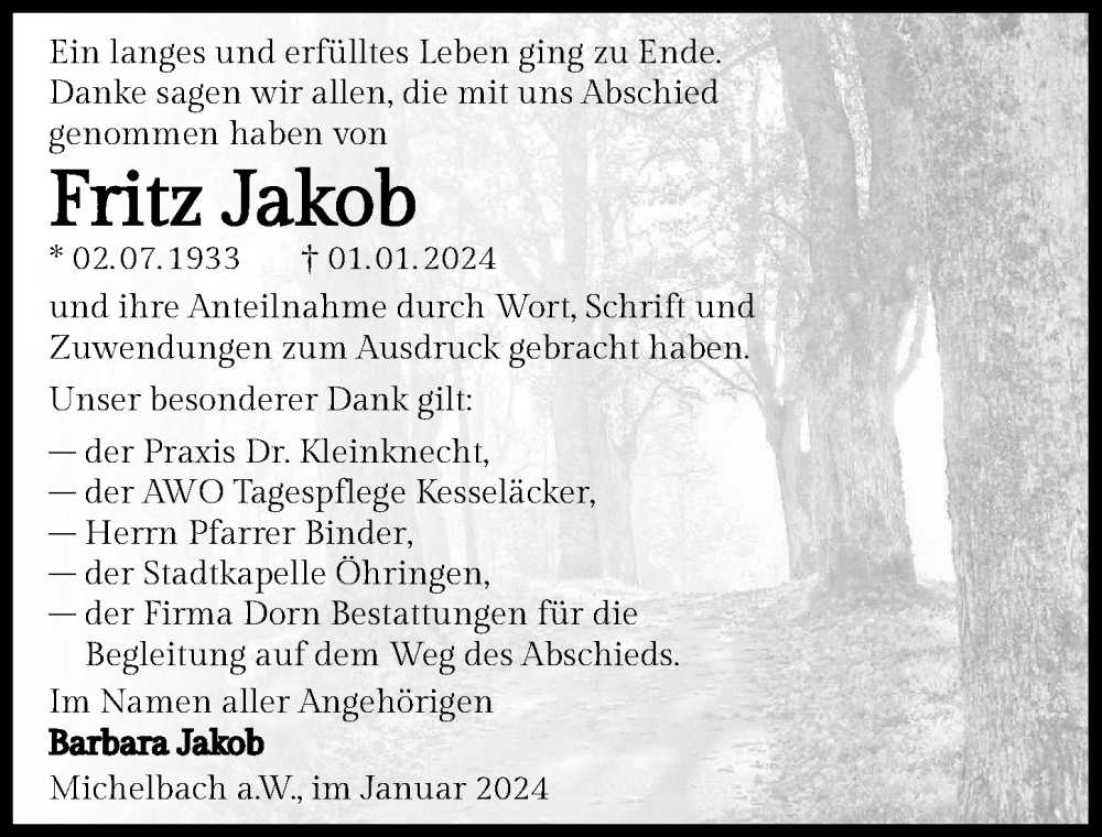  Traueranzeige für Fritz Jakob vom 24.01.2024 aus GESAMT