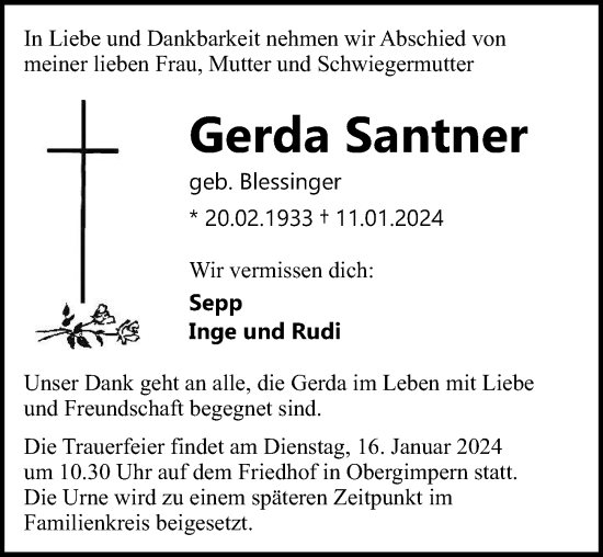 Traueranzeige von Gerda Santner von GESAMT