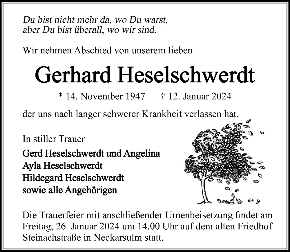  Traueranzeige für Gerhard Heselschwerdt vom 20.01.2024 aus GESAMT