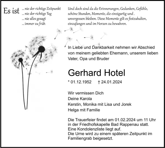 Traueranzeige von Gerhard Hotel von GESAMT