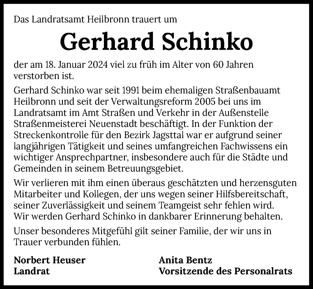  Traueranzeige für Gerhard Schinko vom 27.01.2024 aus GESAMT