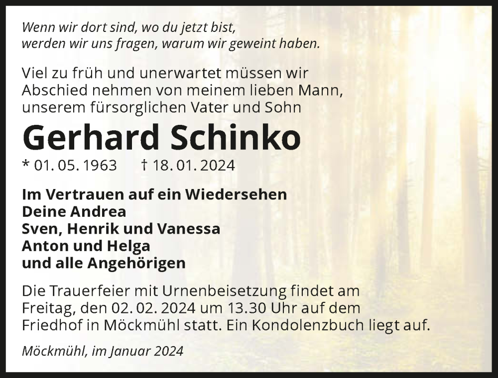  Traueranzeige für Gerhard Schinko vom 27.01.2024 aus GESAMT