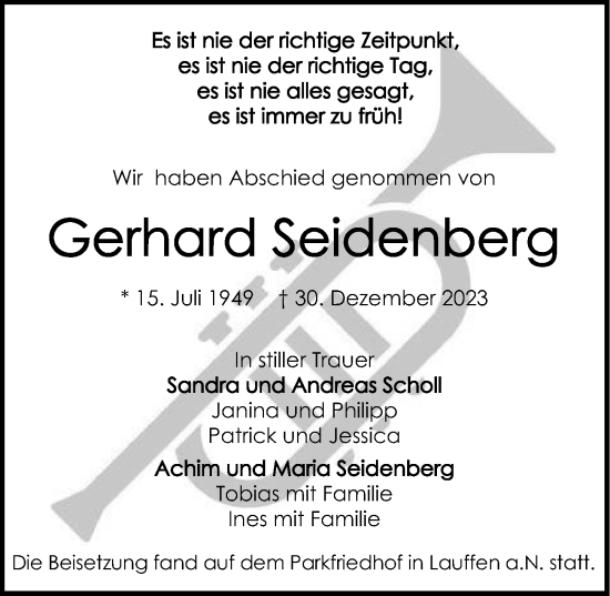 Traueranzeige von Gerhard Seidenberg
