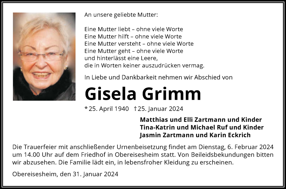  Traueranzeige für Gisela Grimm vom 31.01.2024 aus GESAMT