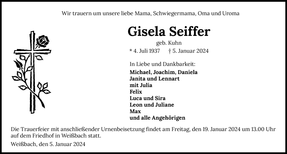  Traueranzeige für Gisela Seiffer vom 16.01.2024 aus GESAMT