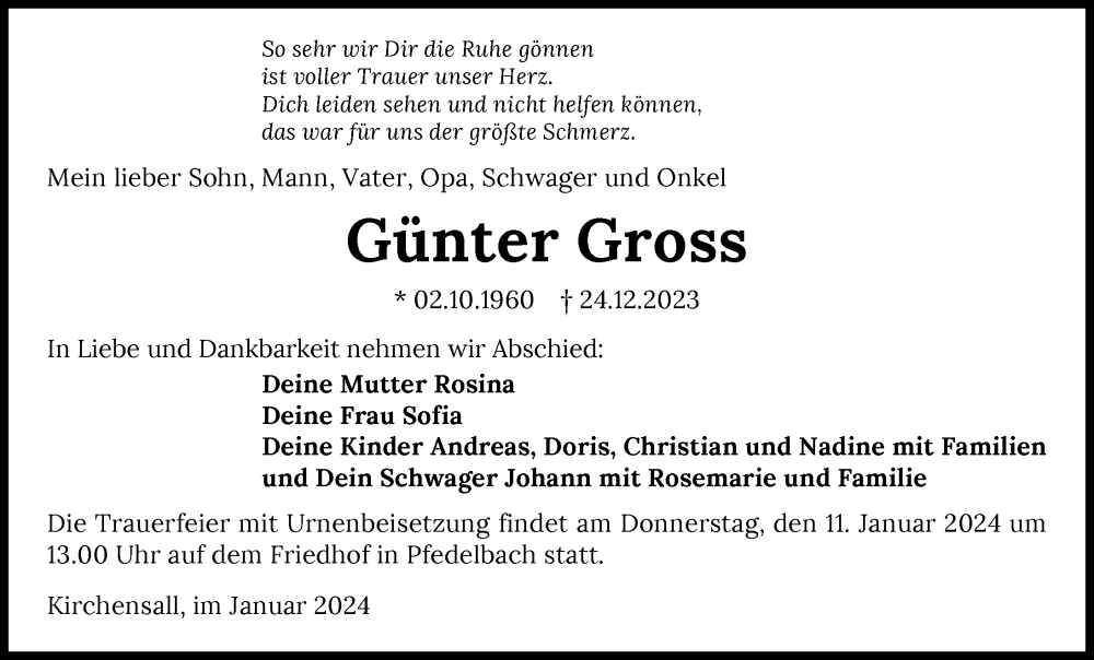  Traueranzeige für Günter Gross vom 05.01.2024 aus GESAMT