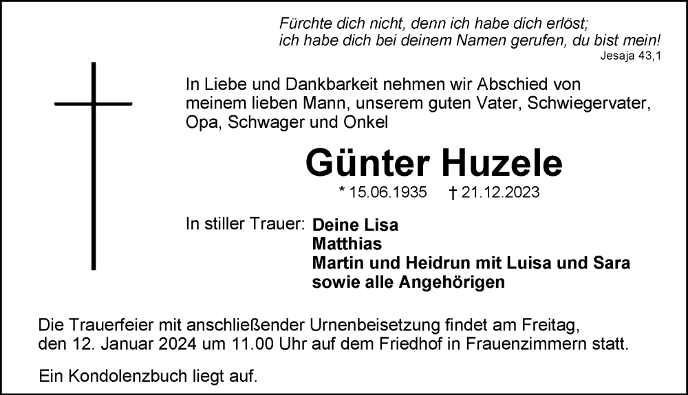  Traueranzeige für Günter Huzele vom 05.01.2024 aus GESAMT