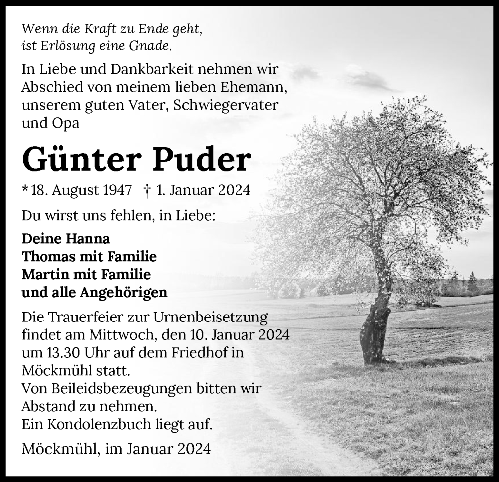  Traueranzeige für Günter Puder vom 08.01.2024 aus GESAMT