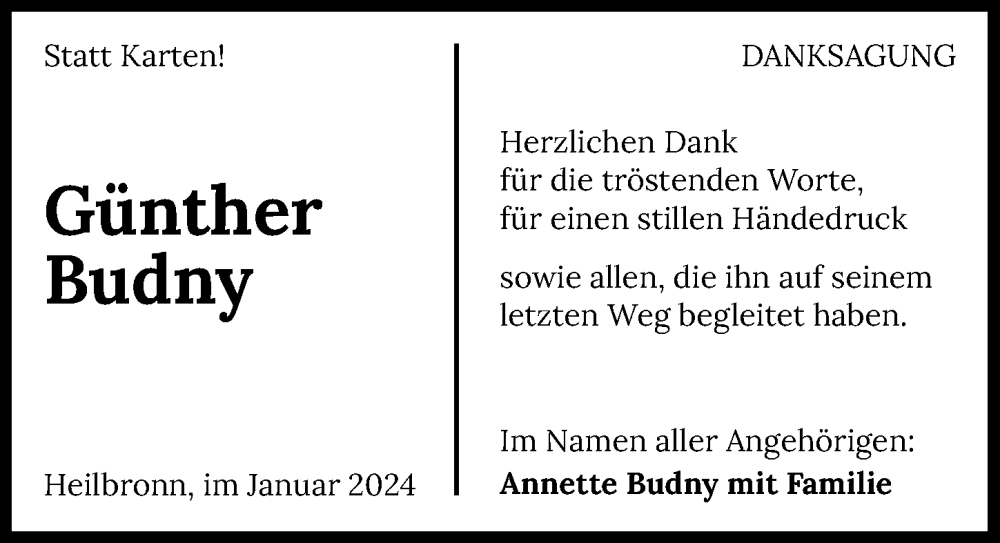 Traueranzeige für Günther Budny vom 20.01.2024 aus GESAMT