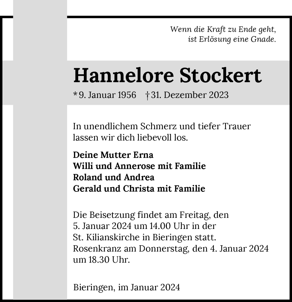  Traueranzeige für Hannelore Stockert vom 04.01.2024 aus GESAMT