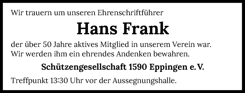  Traueranzeige für Hans Frank vom 03.01.2024 aus GESAMT