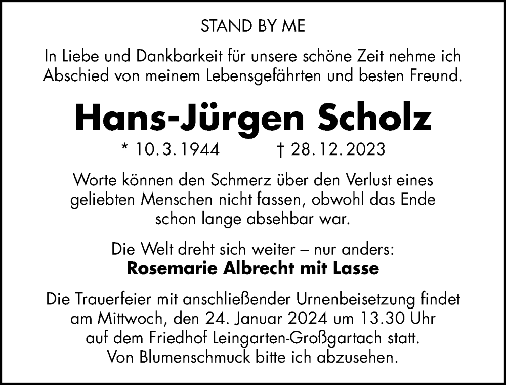  Traueranzeige für Hans-Jürgen Scholz vom 20.01.2024 aus GESAMT