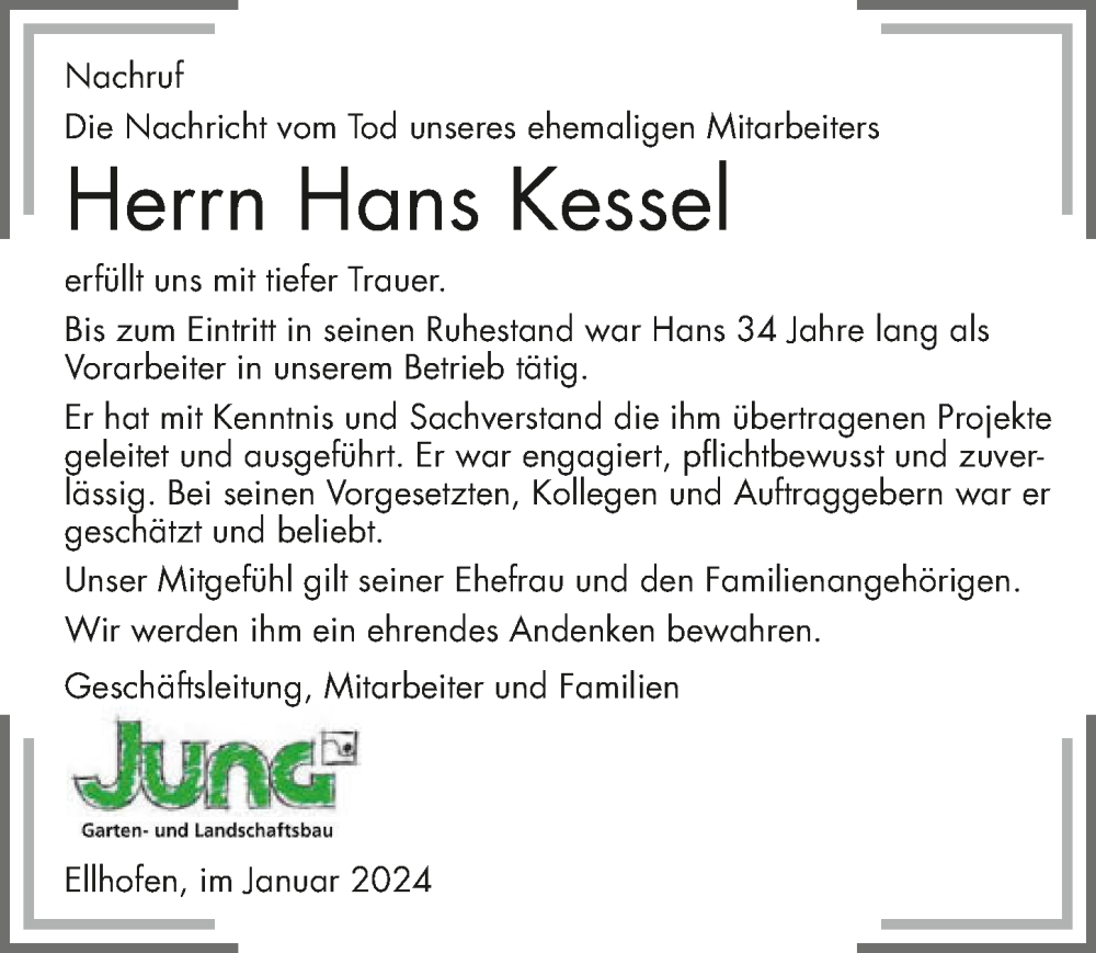  Traueranzeige für Hans Kessel vom 30.01.2024 aus GESAMT