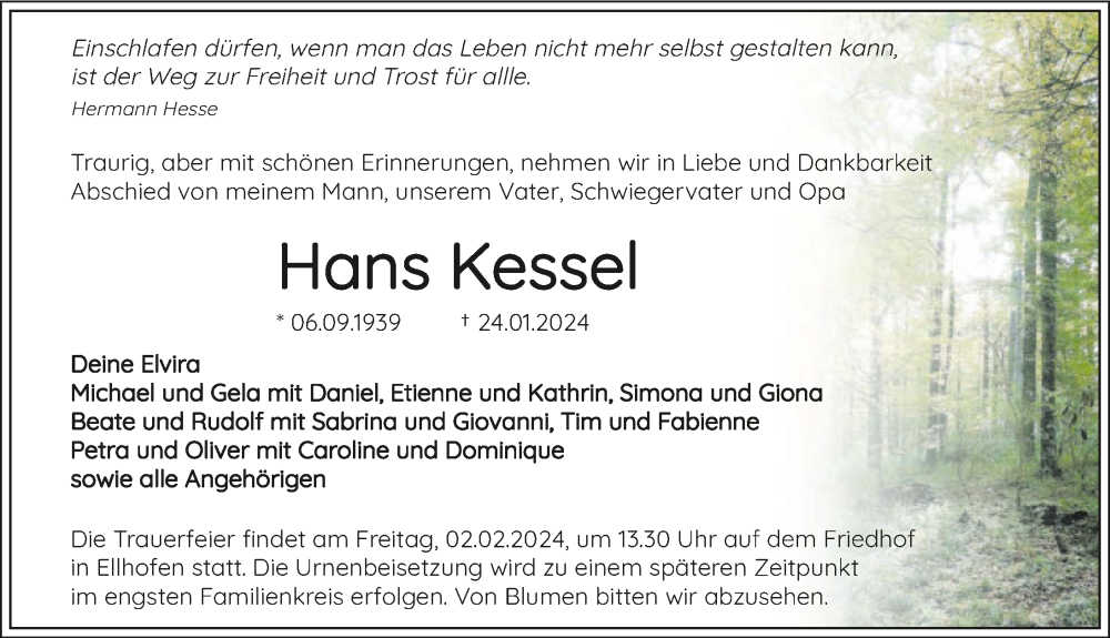  Traueranzeige für Hans Kessel vom 30.01.2024 aus GESAMT