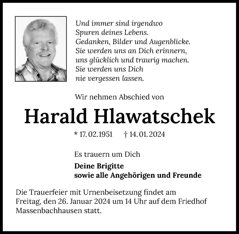  Traueranzeige für Harald Hlawatschek vom 20.01.2024 aus GESAMT