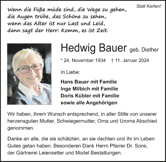 Traueranzeige von Hedwig Bauer