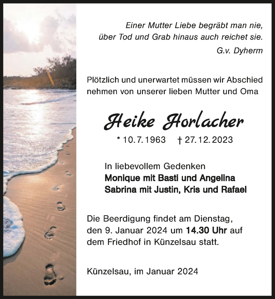  Traueranzeige für Heike Horlacher vom 04.01.2024 aus GESAMT