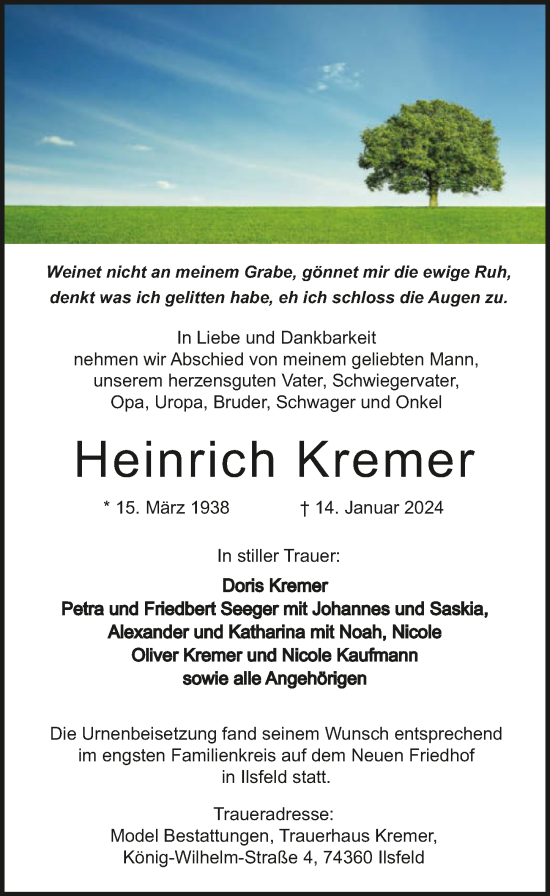 Traueranzeige von Heinrich Kremer
