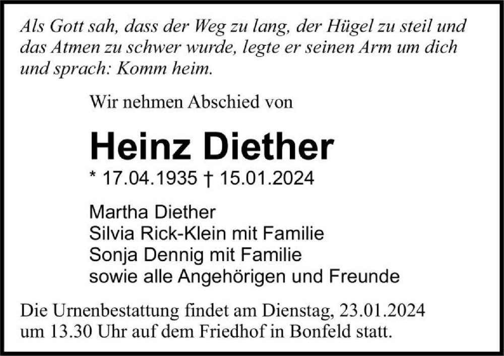  Traueranzeige für Heinz Diether vom 20.01.2024 aus GESAMT