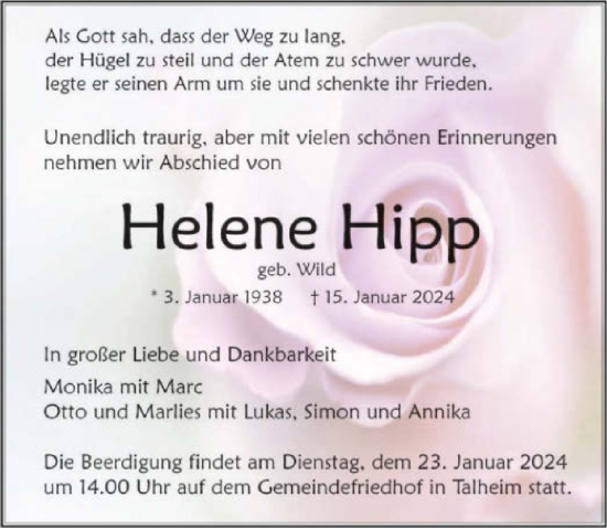 Traueranzeige von Helene Hipp von GESAMT