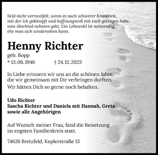 Traueranzeige von Henny Richter von GESAMT