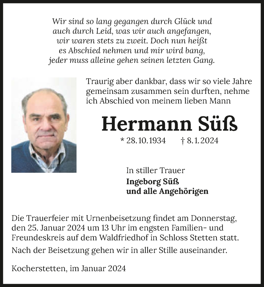  Traueranzeige für Hermann Süß vom 22.01.2024 aus GESAMT