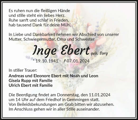 Traueranzeige von Inge Ebert von GESAMT