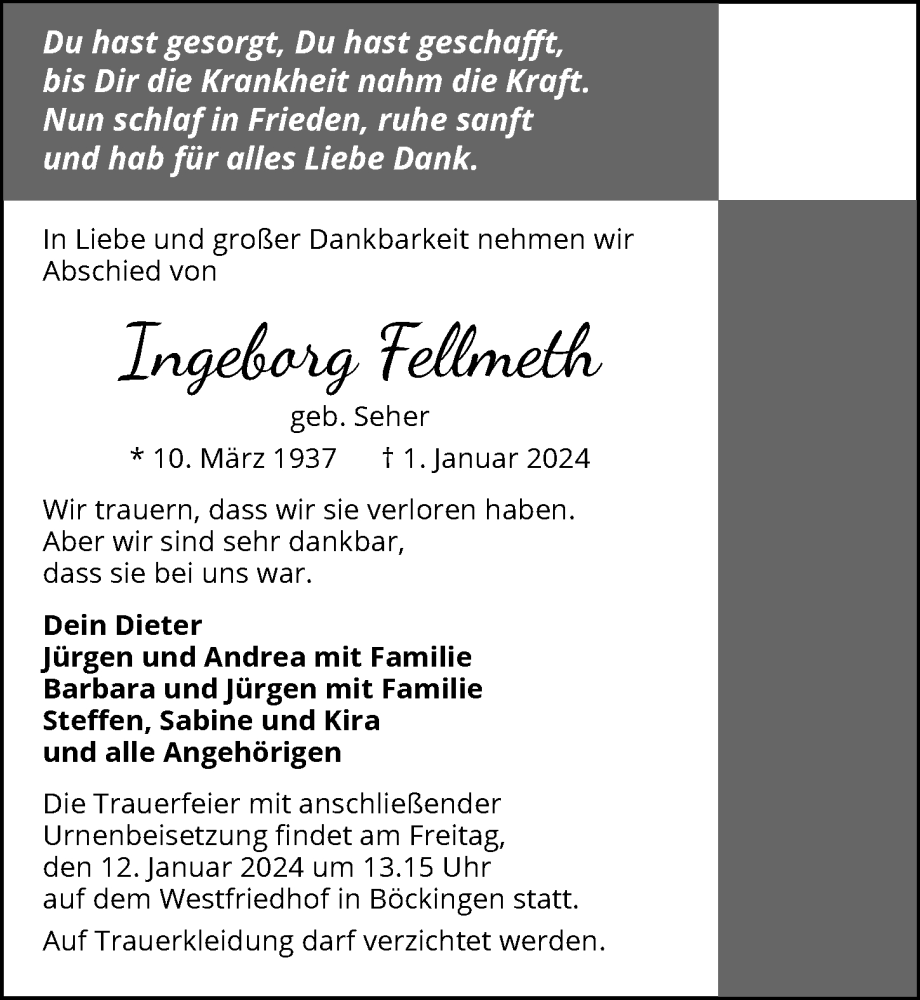  Traueranzeige für Ingeborg Fellmeth vom 09.01.2024 aus GESAMT