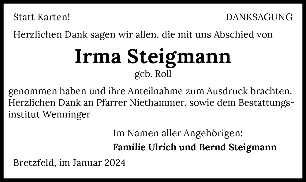  Traueranzeige für Irma Steigmann vom 24.01.2024 aus GESAMT