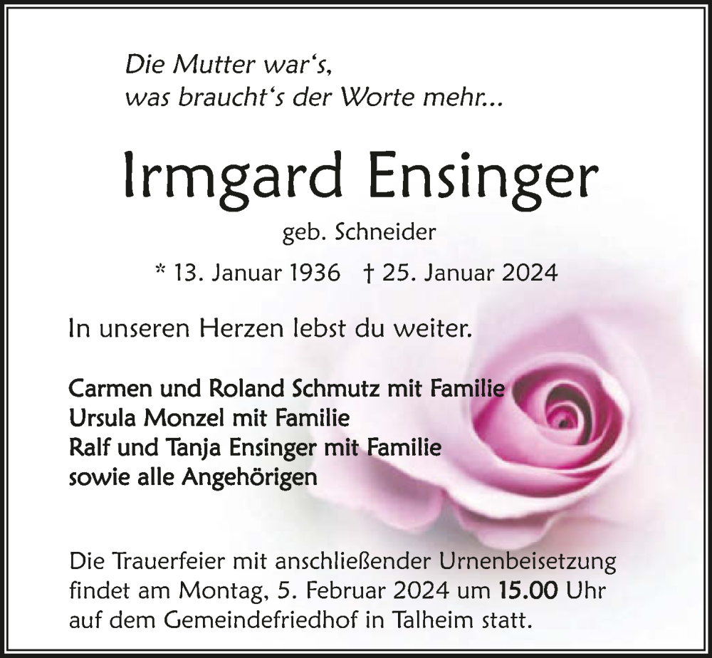  Traueranzeige für Irmgard Ensinger vom 31.01.2024 aus GESAMT