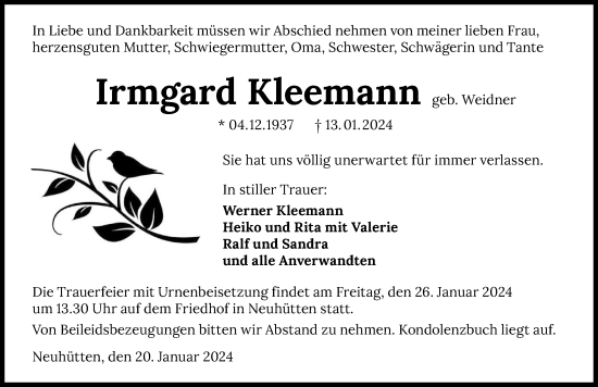 Traueranzeige von Irmgard Kleemann von GESAMT