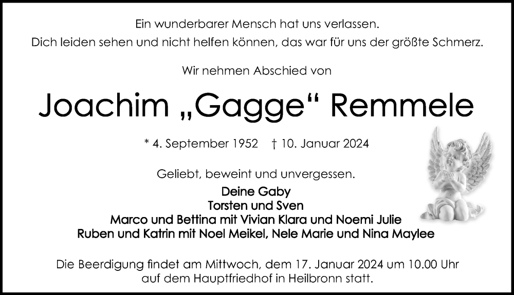  Traueranzeige für Joachim Remmele vom 13.01.2024 aus GESAMT