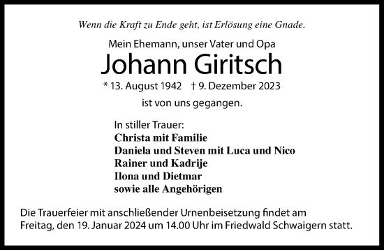 Traueranzeige von Johann Giritsch