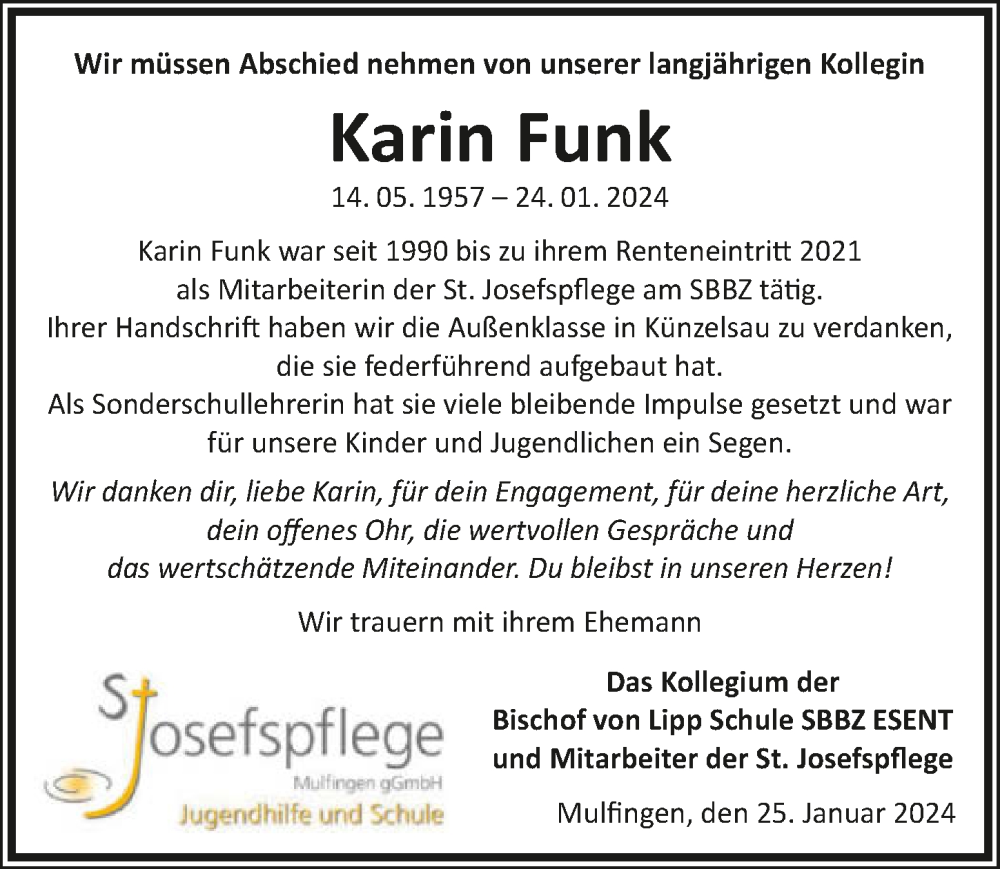  Traueranzeige für Karin Funk vom 31.01.2024 aus GESAMT