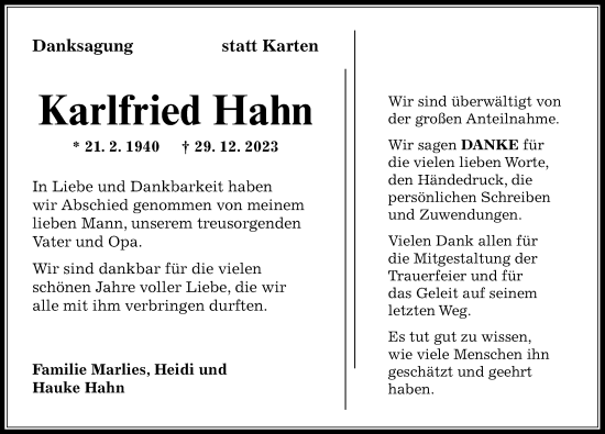 Traueranzeige von Karlfried Hahn von GESAMT