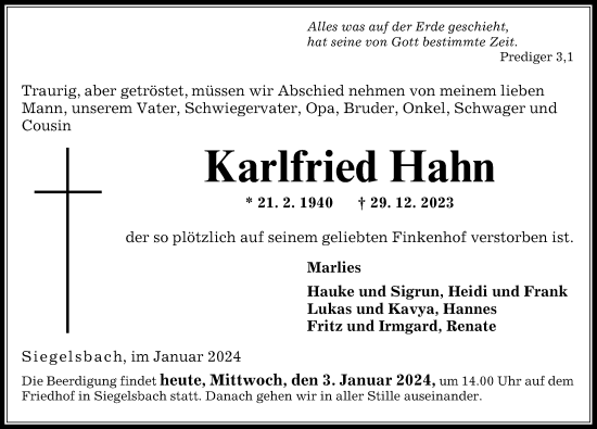Traueranzeige von Karlfried Hahn von GESAMT