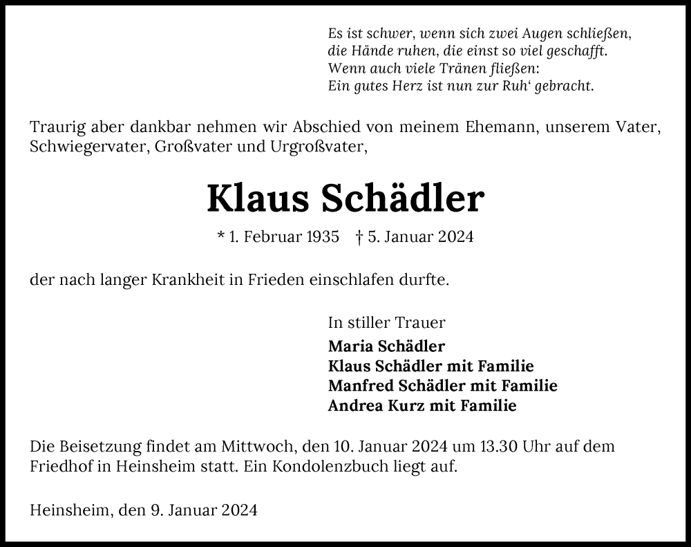  Traueranzeige für Klaus Schädler vom 09.01.2024 aus GESAMT