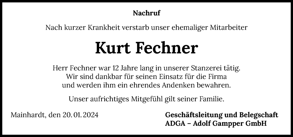  Traueranzeige für Kurt Fechner vom 20.01.2024 aus GESAMT