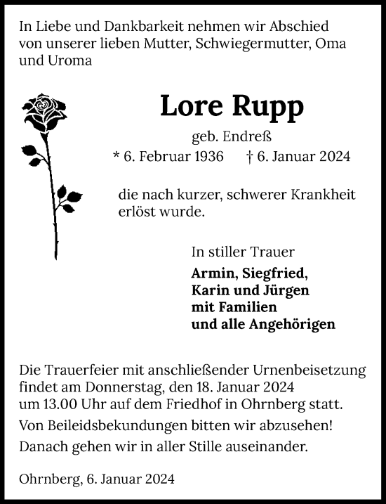 Traueranzeige von Lore Rupp von GESAMT