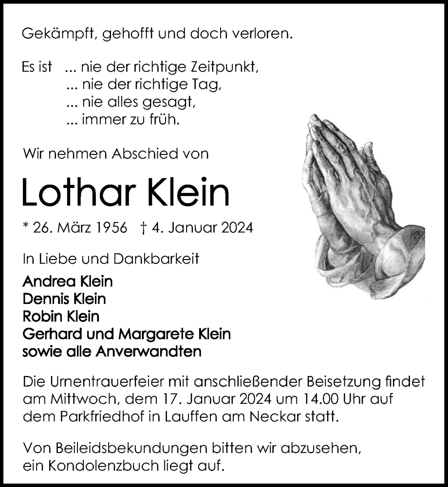  Traueranzeige für Lothar Klein vom 13.01.2024 aus GESAMT