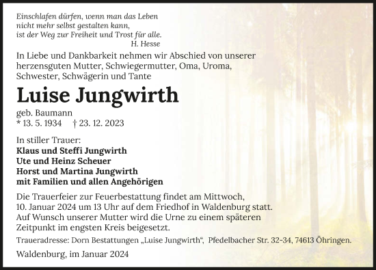 Traueranzeige von Luise Jungwirth von GESAMT
