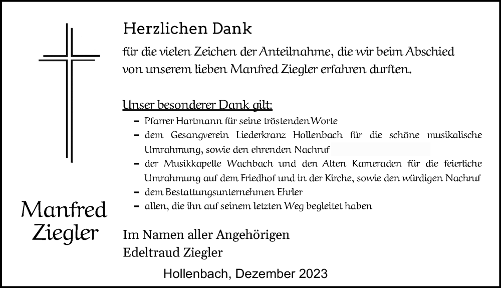  Traueranzeige für Manfred Ziegler vom 27.01.2024 aus GESAMT