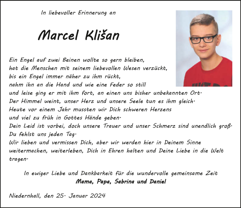  Traueranzeige für Marcel Klisan vom 25.01.2024 aus GESAMT