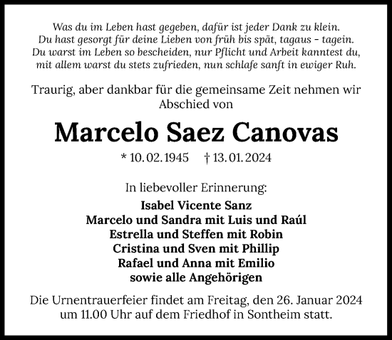 Traueranzeige von Marcelo Saez Canovas von GESAMT