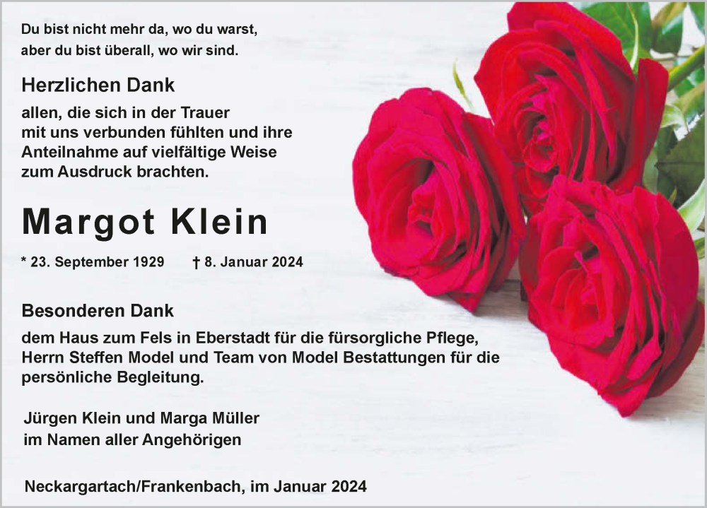  Traueranzeige für Margot Klein vom 20.01.2024 aus GESAMT