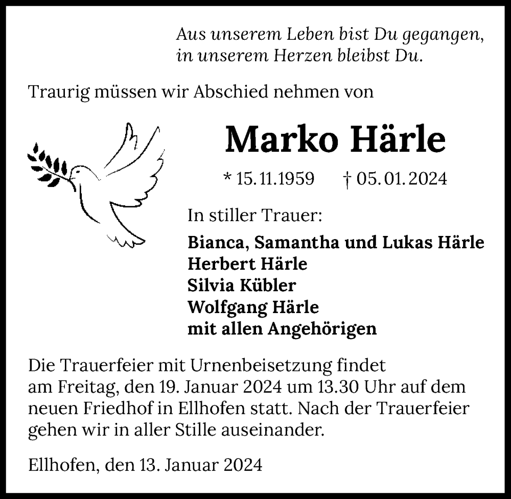  Traueranzeige für Marko Härle vom 13.01.2024 aus GESAMT