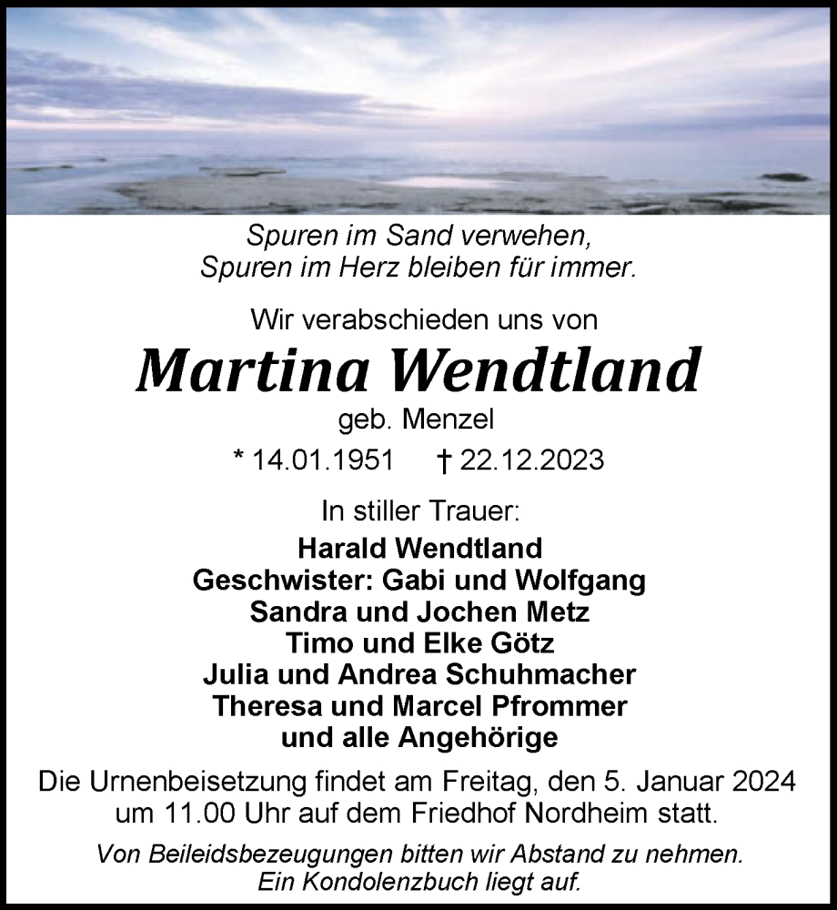  Traueranzeige für Martina Wendtland vom 02.01.2024 aus GESAMT
