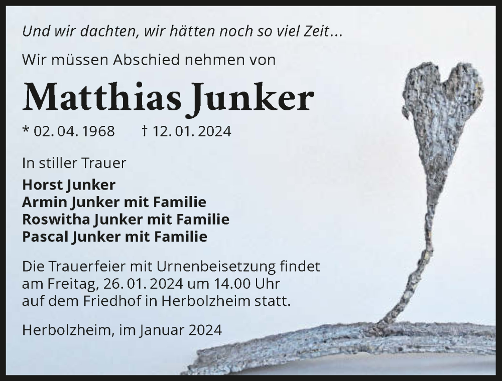  Traueranzeige für Matthias Junker vom 20.01.2024 aus GESAMT